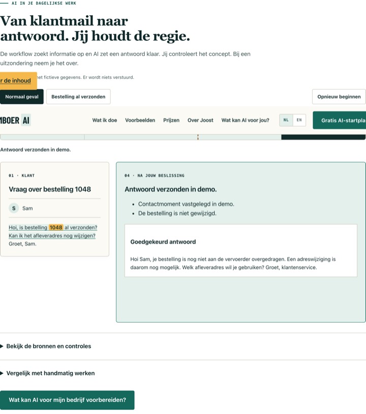 Schermafbeelding van de antwoorddemo na goedkeuring, met het resultaat en wat is vastgelegd.