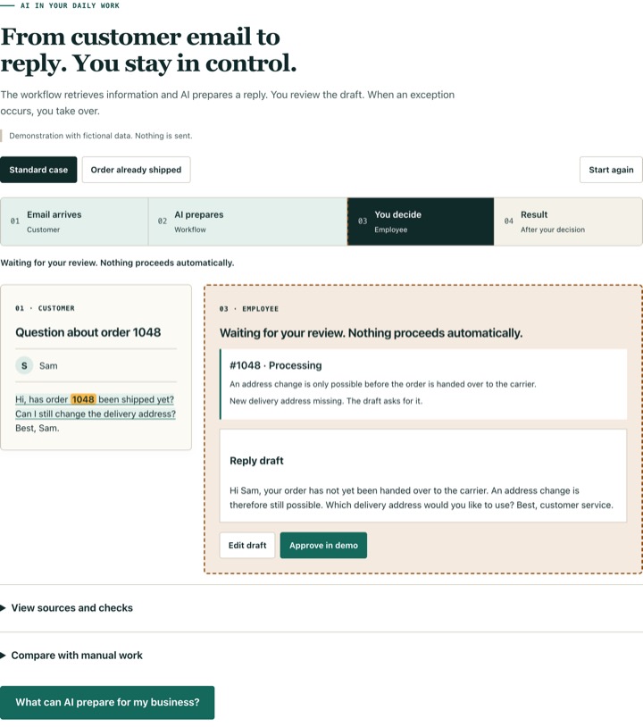 Screenshot of the reply demo: the draft reply is ready and waits for an employee's review.