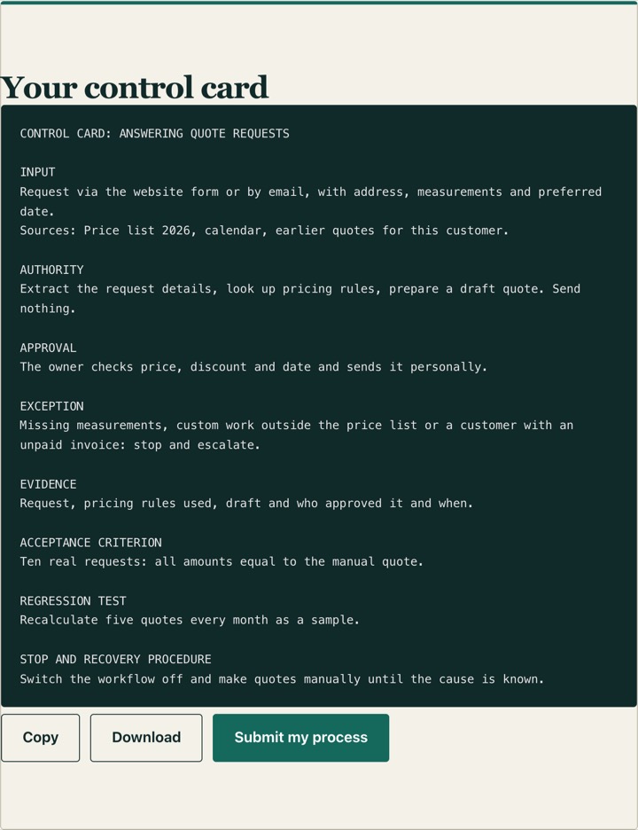 Screenshot of a completed control card for quote requests, with input, authority, approval, exception and evidence.