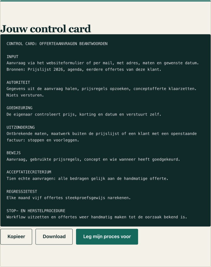 Schermafbeelding van een ingevulde control card voor offerteaanvragen, met input, autoriteit, goedkeuring, uitzondering en bewijs.